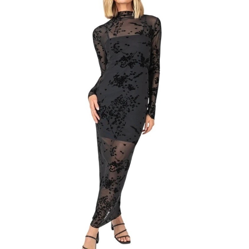 Vestique Womens M Black Floral Velvet Burnout Sheer Maxi Dress Witchy Victorian